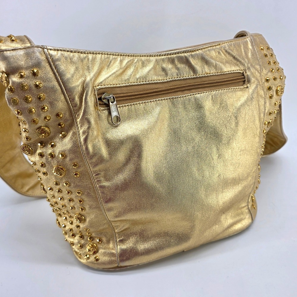 Vintage Dawli Leather Handbag Gold Metallic Studded Hobo Shoulder Bag USA 80s - Picture 2 of 10